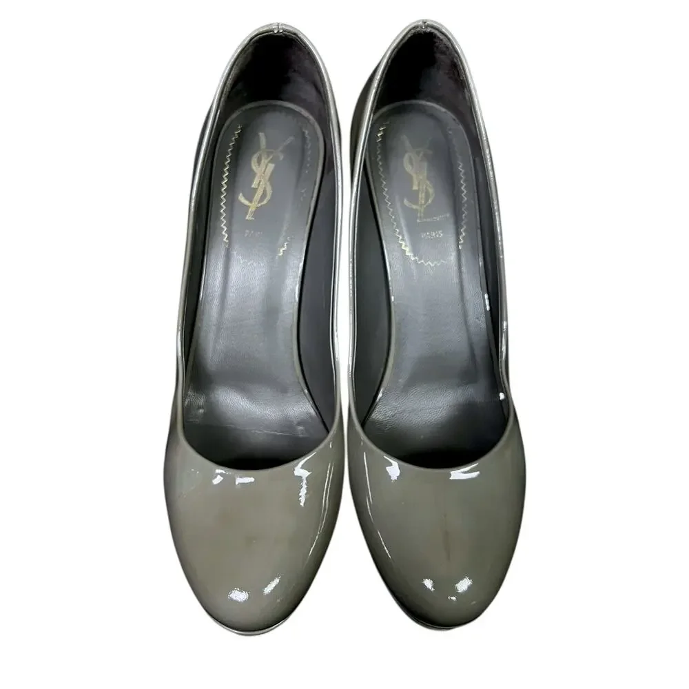 YSL Saint Laurent Paris Women's 38.5 Olive Gray Patent Leather Pumps Heels - Picture 3 of 8